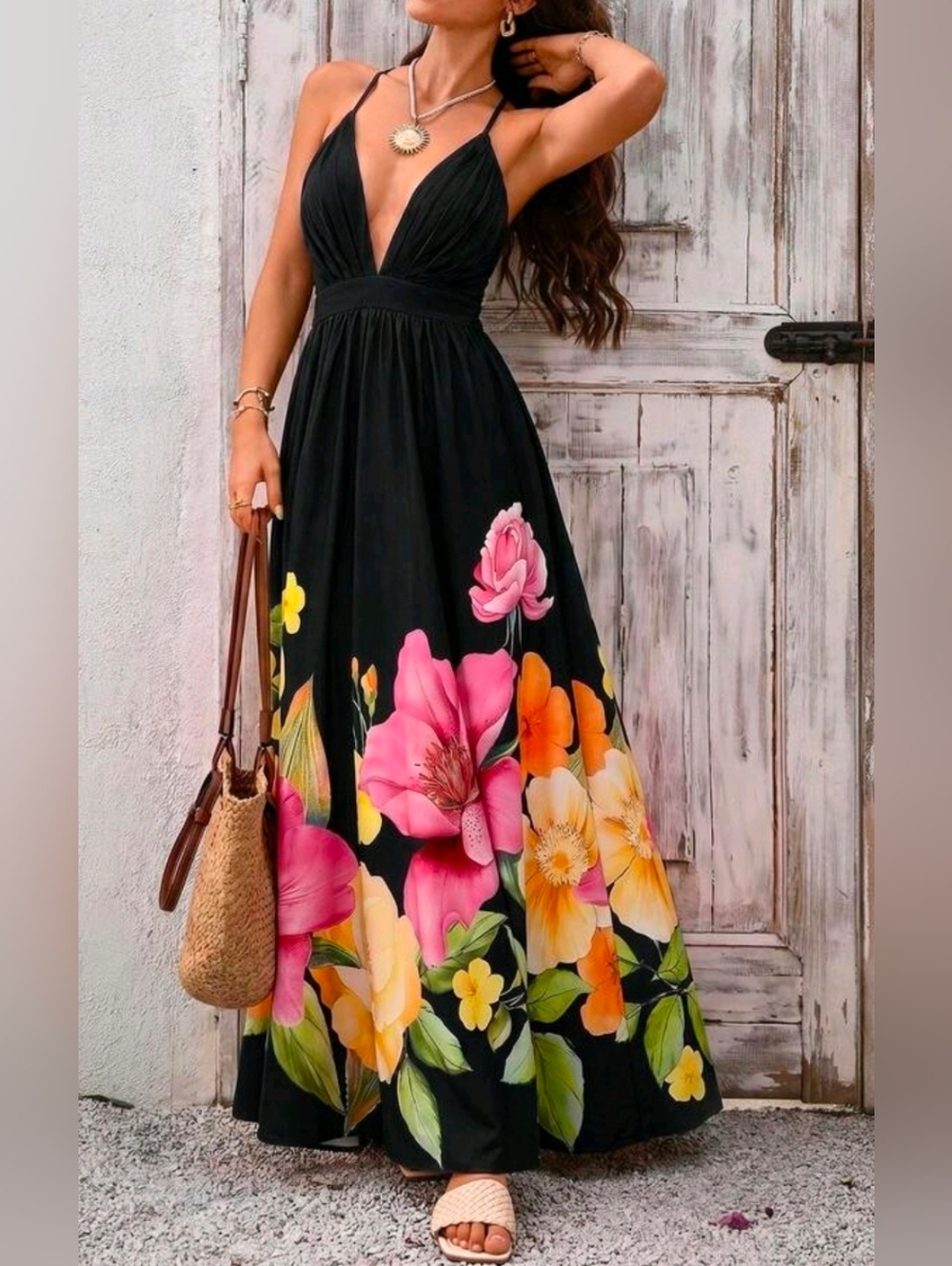 New Flowy Boho Floral Print Maxi Dress Halter Long Peach Black Pink Yellow Green